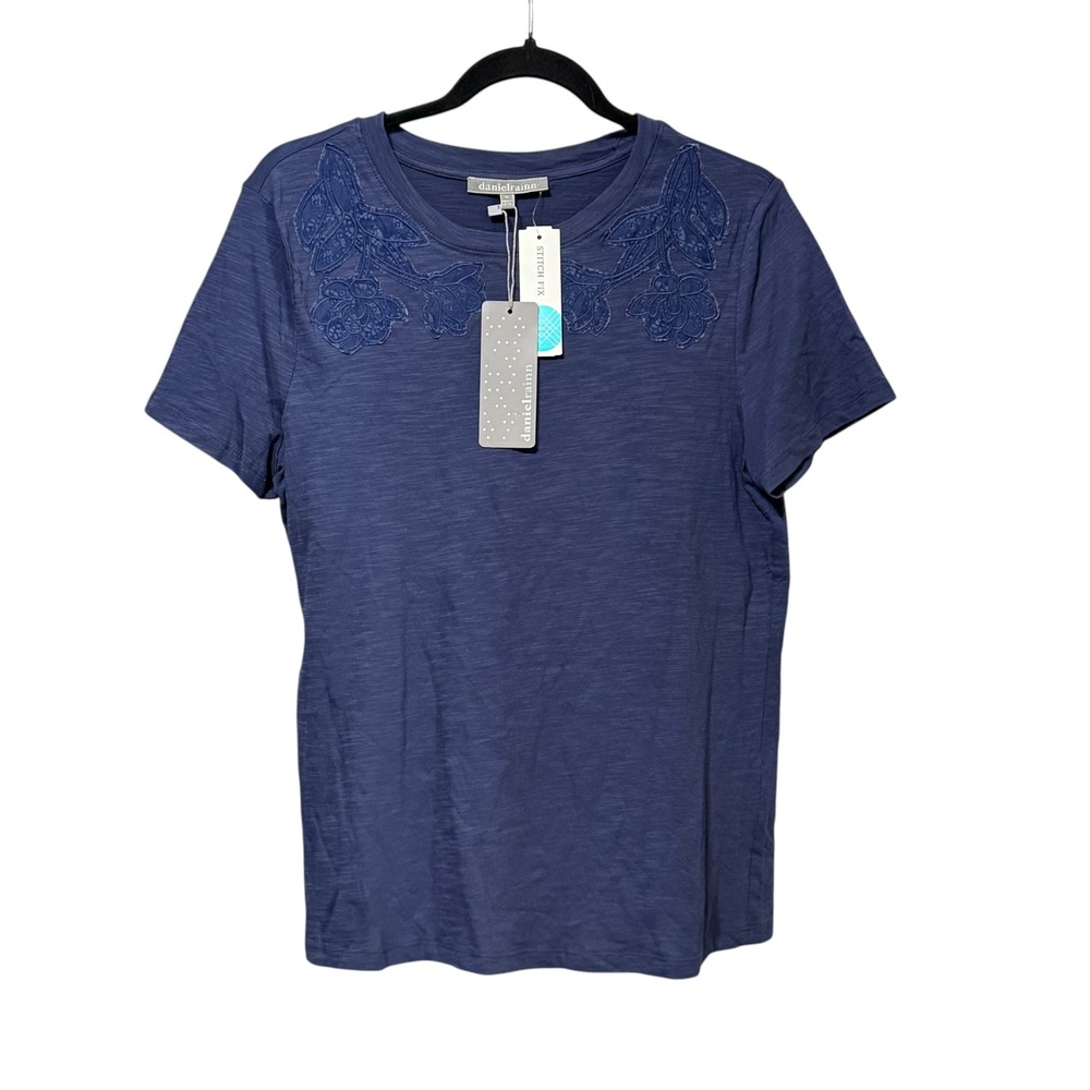 Daniel Rainn Womens Blue Floral Embroidered Slub Knit Tee Shirt Medium D26930KCS